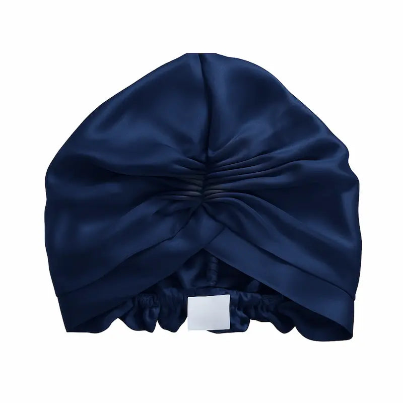 Bonnet de nuit turban en soie bleu marine