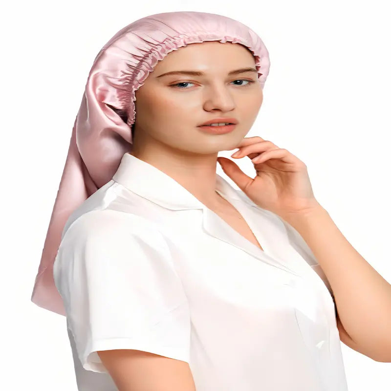 Bonnet de nuit en soie pour cheveux longs rose