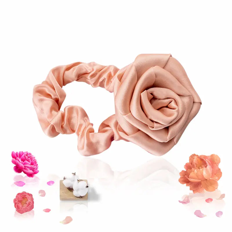 Chouchou rose camélia en satin crêpe de soie 22 momme