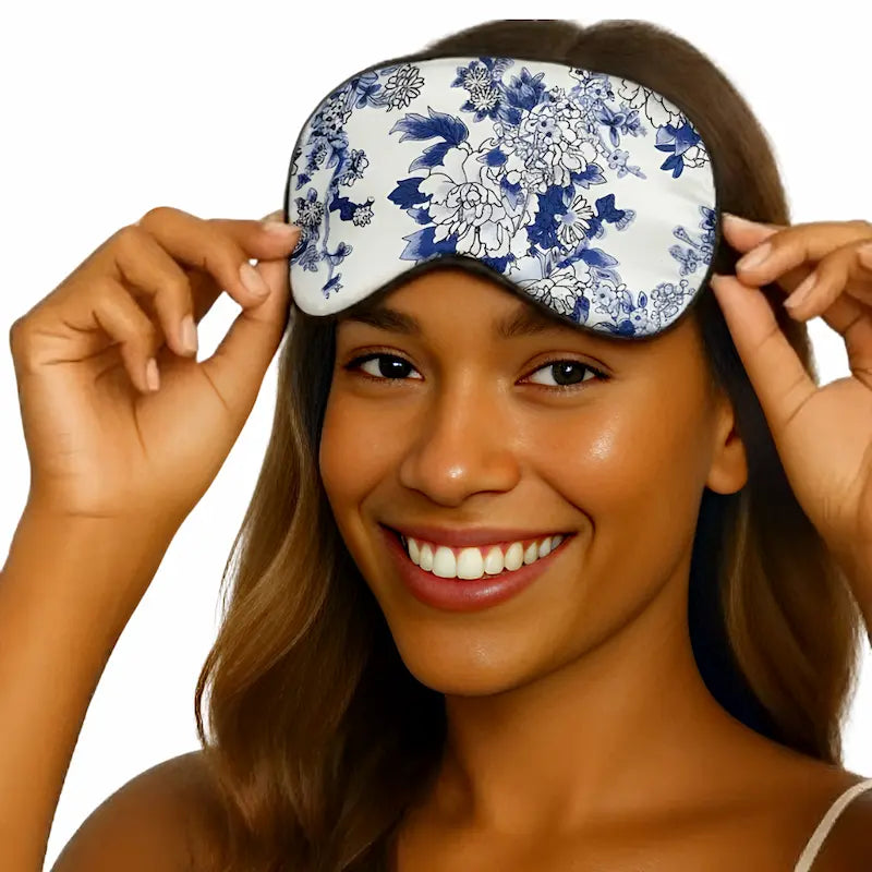 Masque de nuit en soie 16 momme - porcelaine bleue et blanche