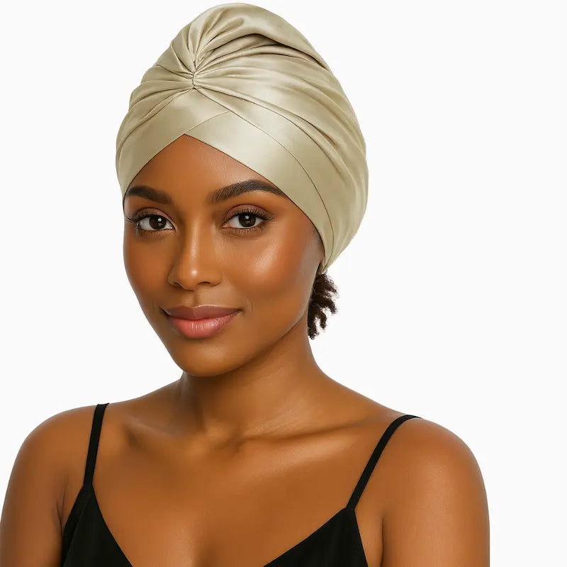 femme portant un Bonnet de nuit turban en soie doré